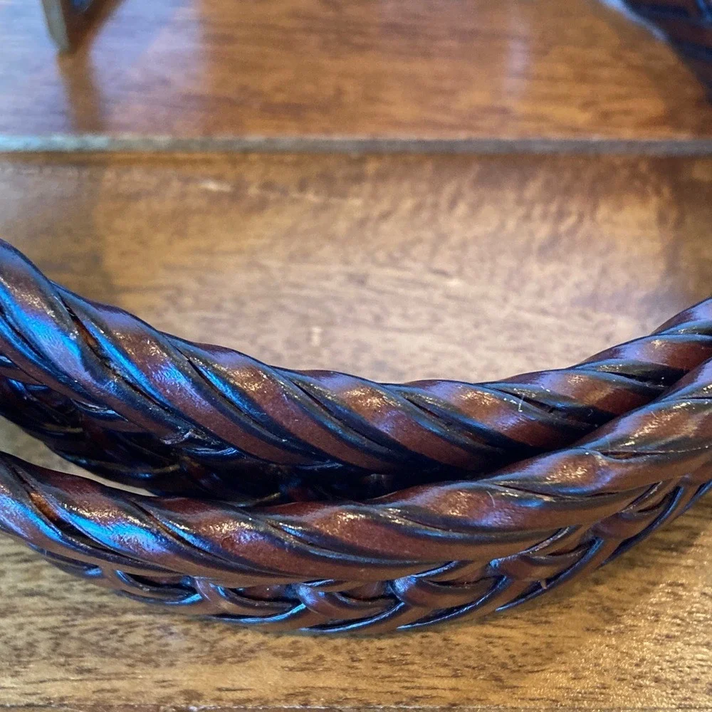 Men's Brown Herringbone‎ Leather Trim Belt Size 36 Classic Basic Brushed Gold